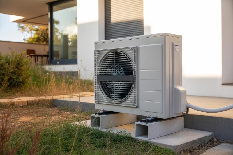 Powietrzna pompa ciepła zamontowana przy domu jednorodzinnym