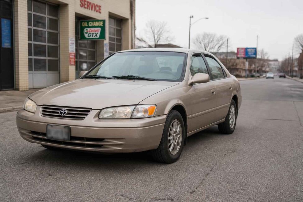 Beżowa Toyota Camry przed serwisem samochodowym Beżowa Toyota Camry zaparkowana przed serwisem samochodowym przy miejskiej ulicy
