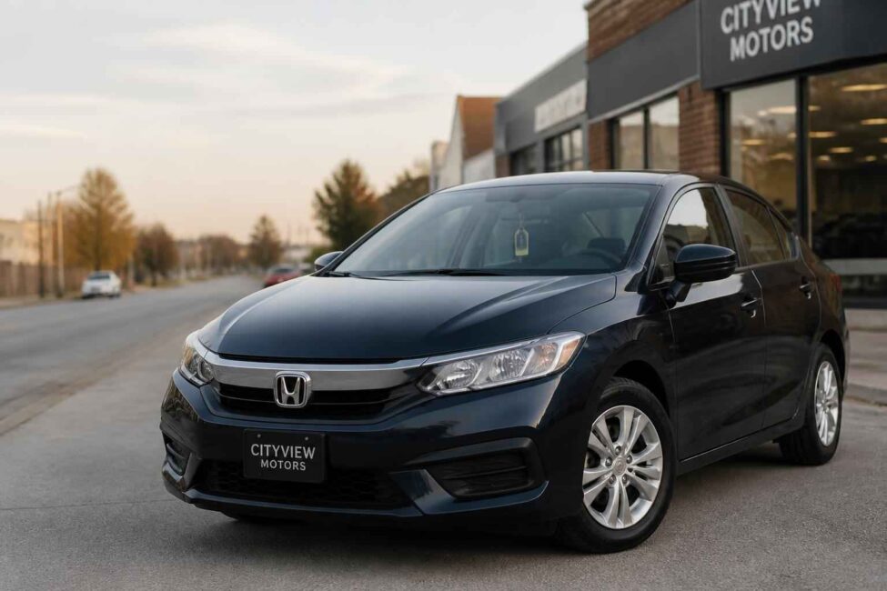 Czarna Honda Civic przed salonem Cityview Motors Czarna Honda Civic zaparkowana przed salonem Cityview Motors przy ulicy miejskiej