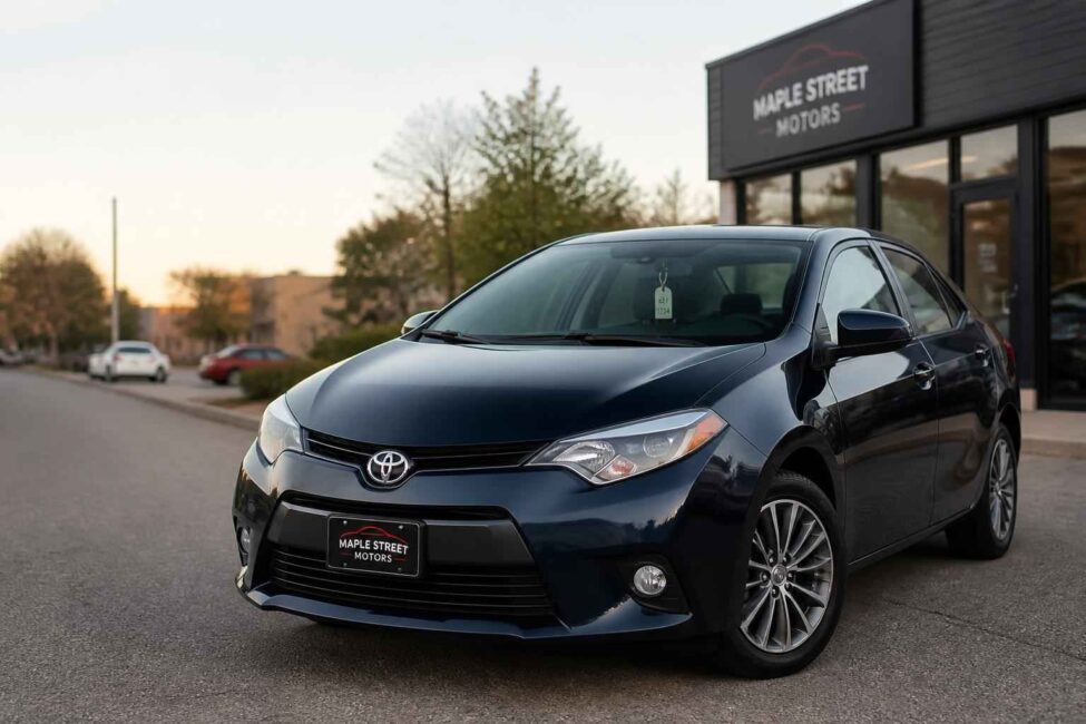 Czarna Toyota Corolla zaparkowana przed salonem Maple Street Motors