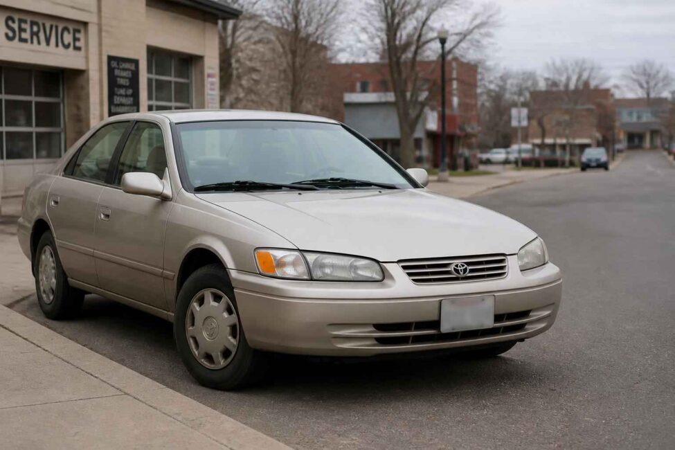 Srebrna Toyota Corolla zaparkowana przy punkcie serwisowym na miejskiej ulicy