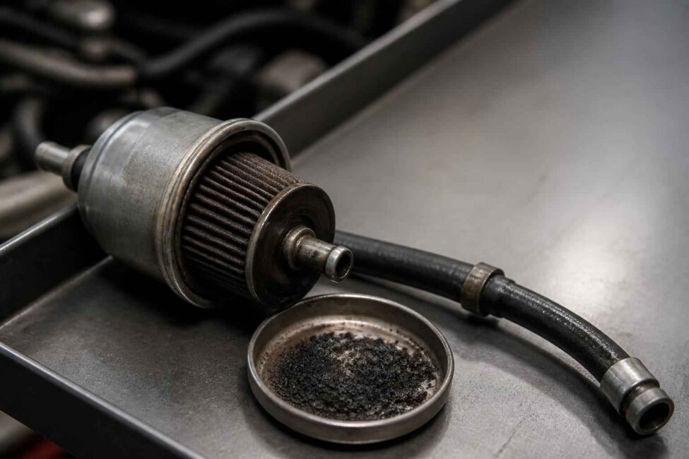 Zużyty filtr paliwa z przewodem na stanowisku serwisowym Zużyty filtr paliwa, przewód i metalowa tacka z zabrudzeniami na stanowisku serwisowym